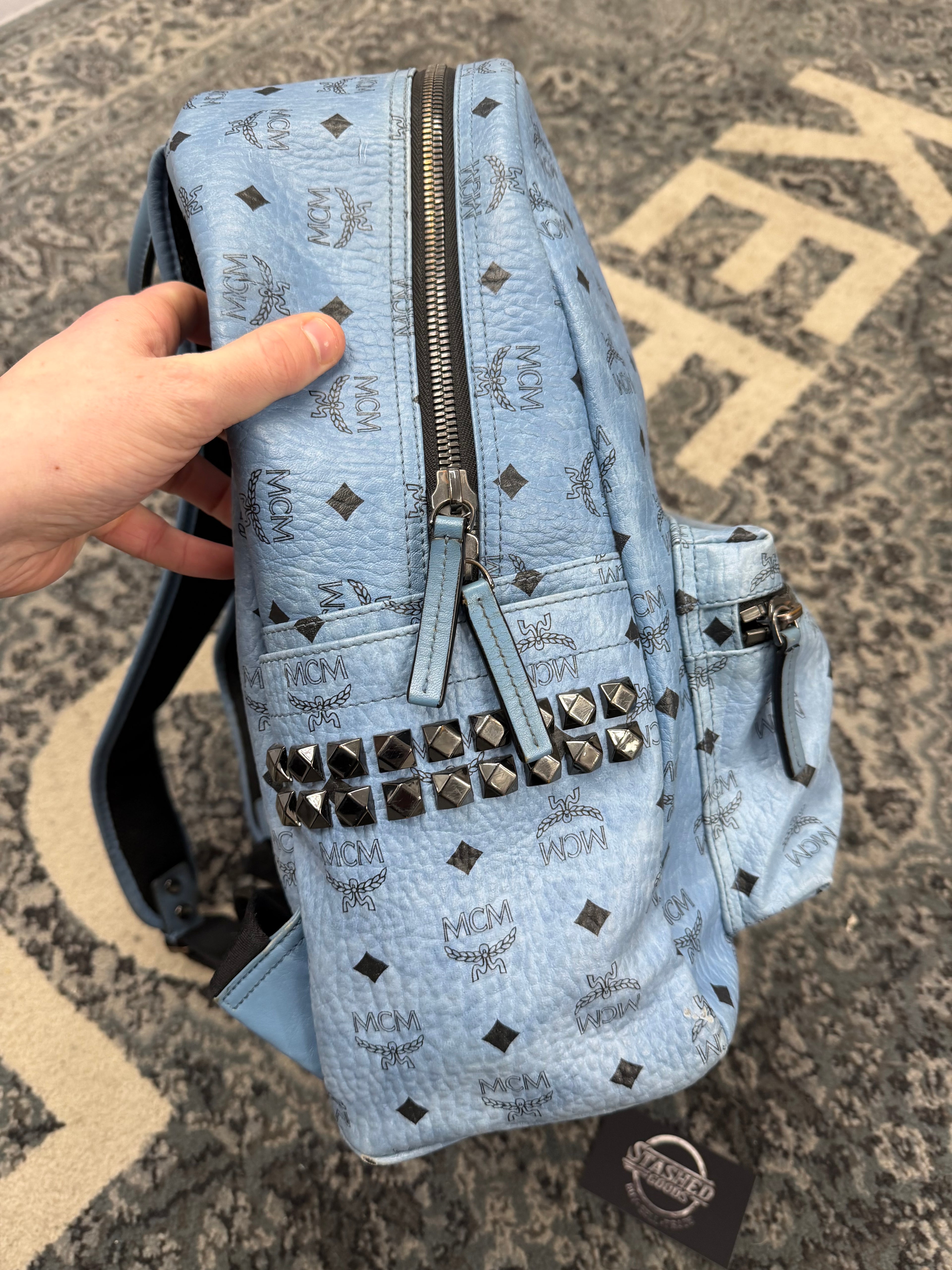 MCM visetos studded baby blue backpack OS U