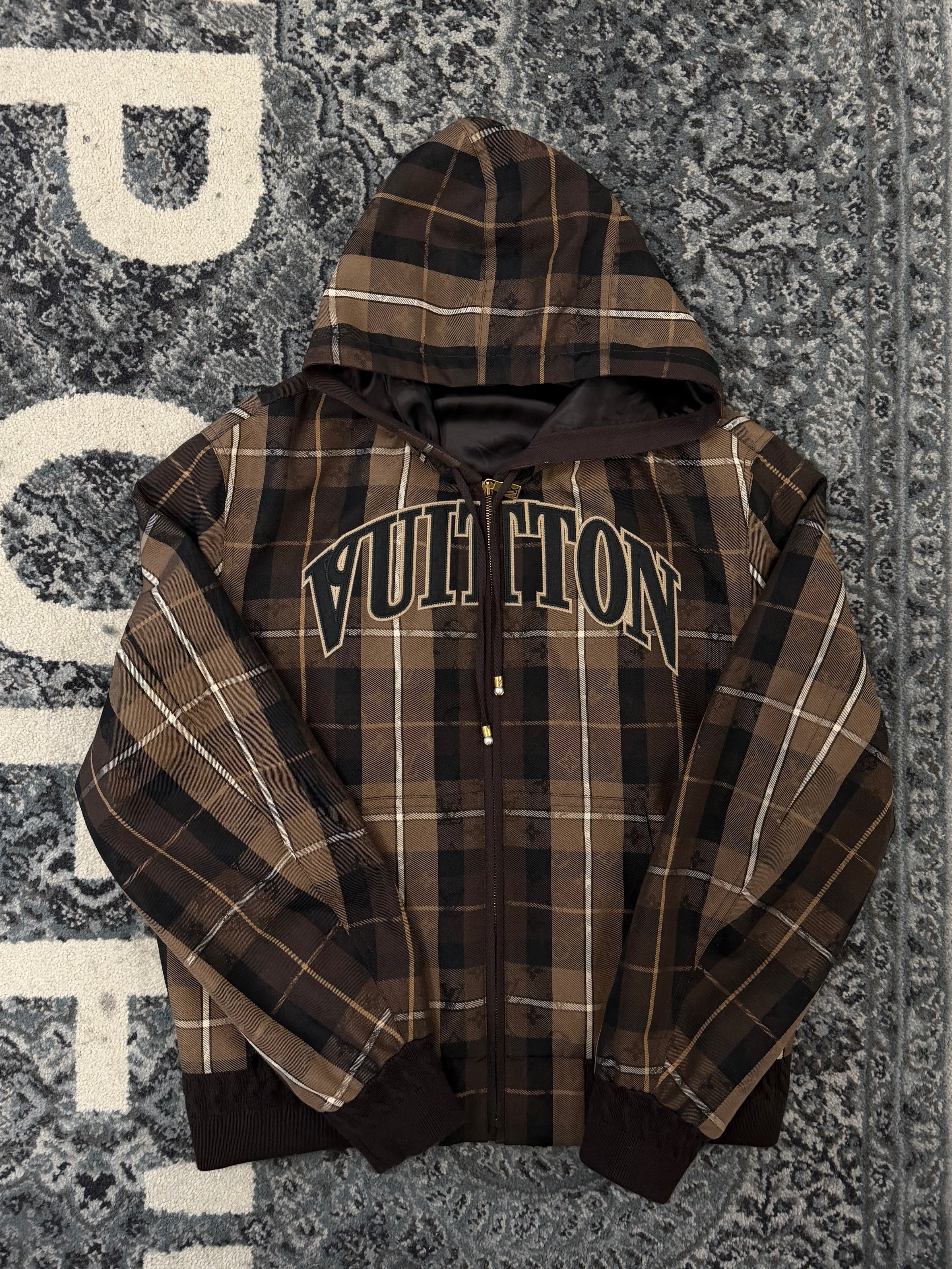 LV monogram plaid hooded jacket brown 52 (L) U
