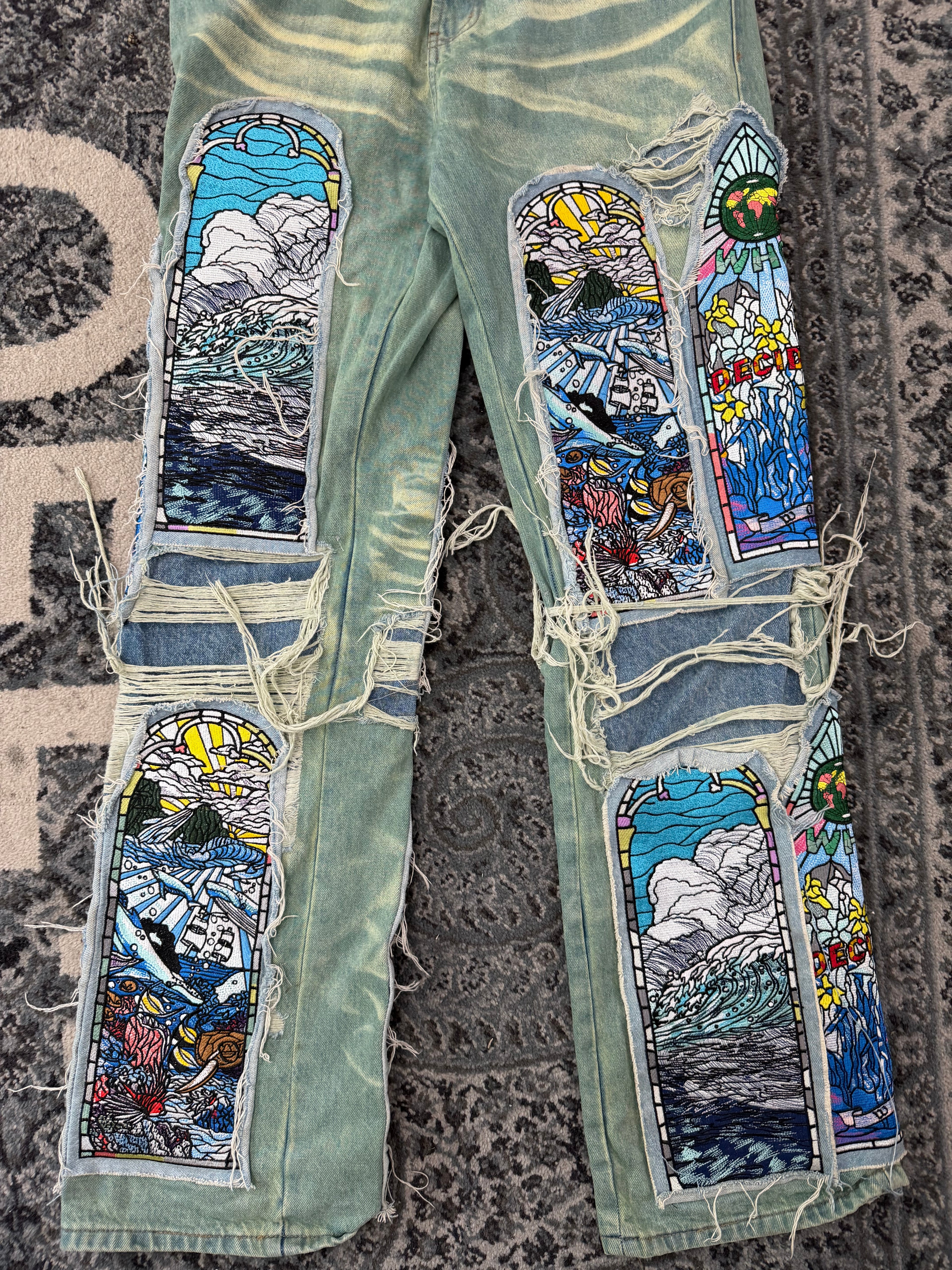 WHO DECIDES WAR stained glass paneled jeans blue 34 U