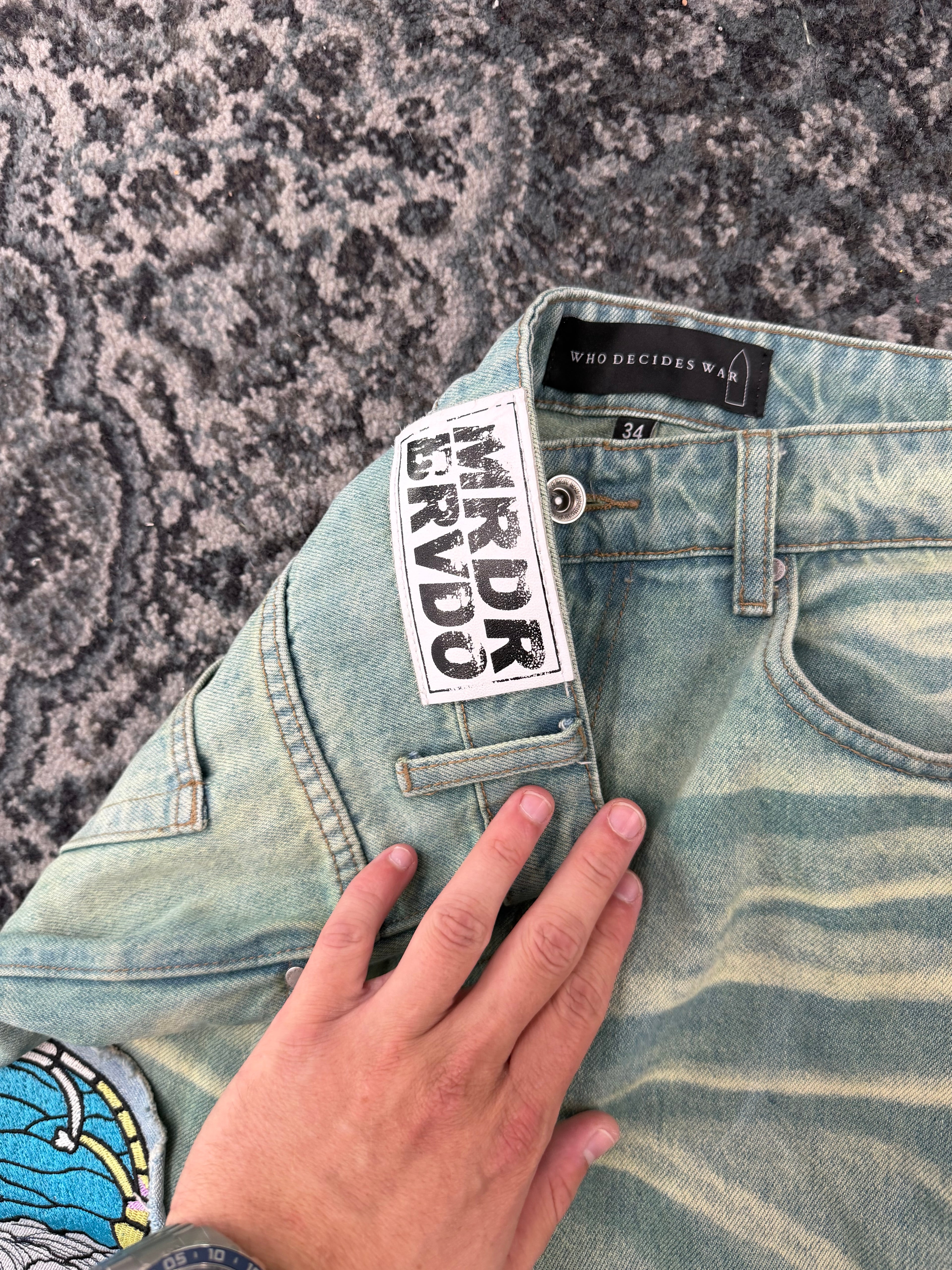 WHO DECIDES WAR stained glass paneled jeans blue 34 U