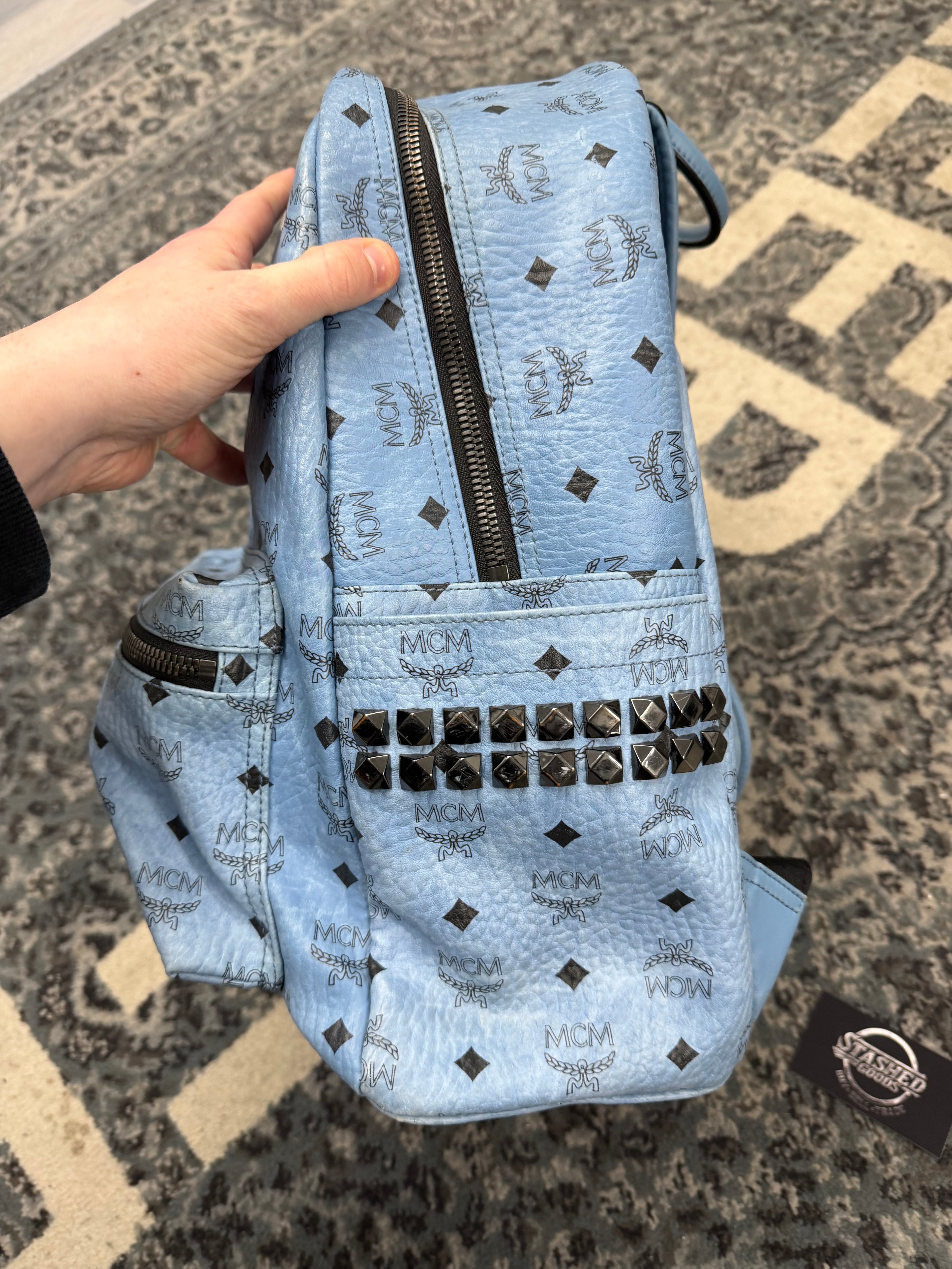 MCM visetos studded baby blue backpack OS U