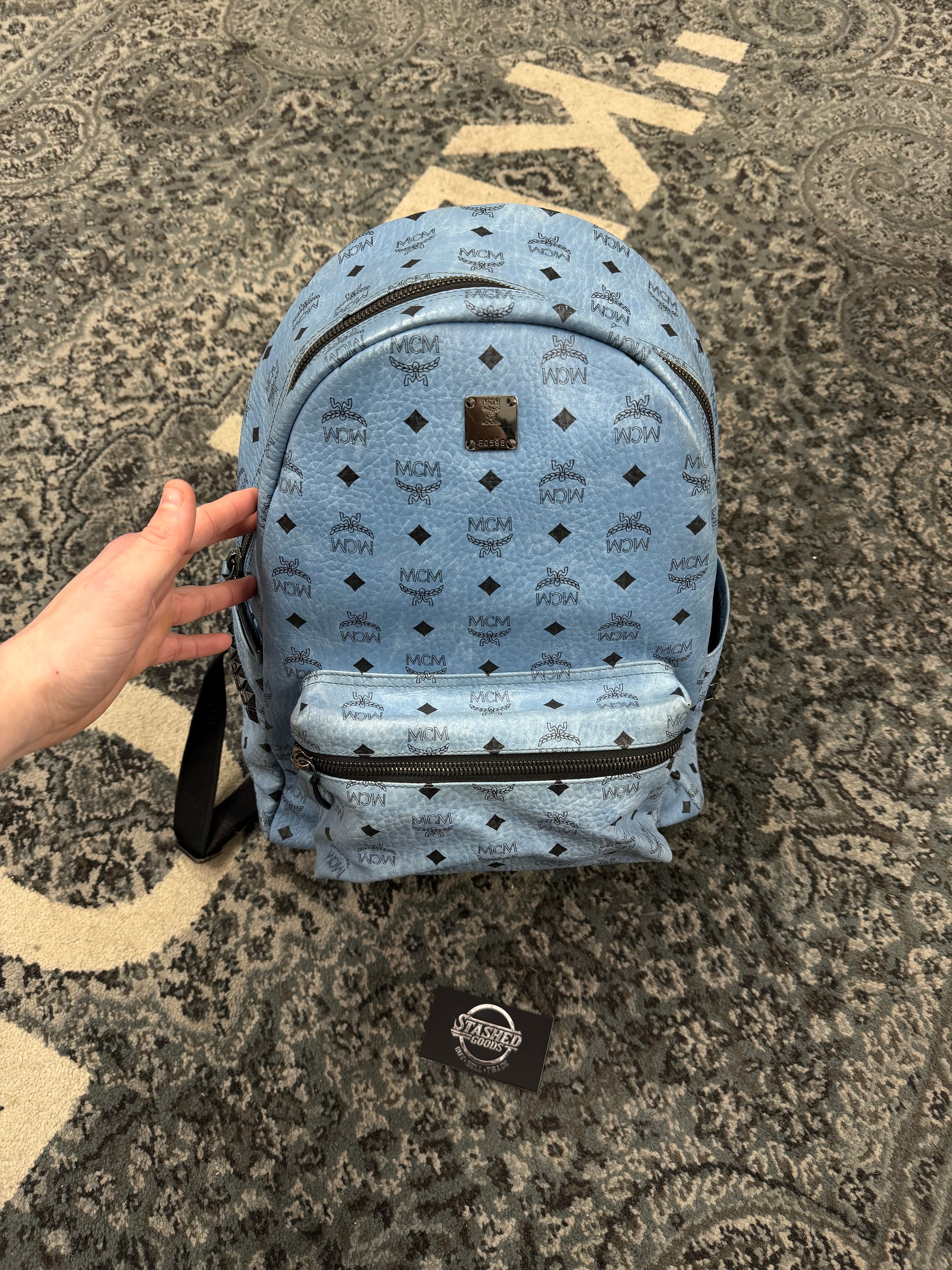 MCM visetos studded baby blue backpack OS U