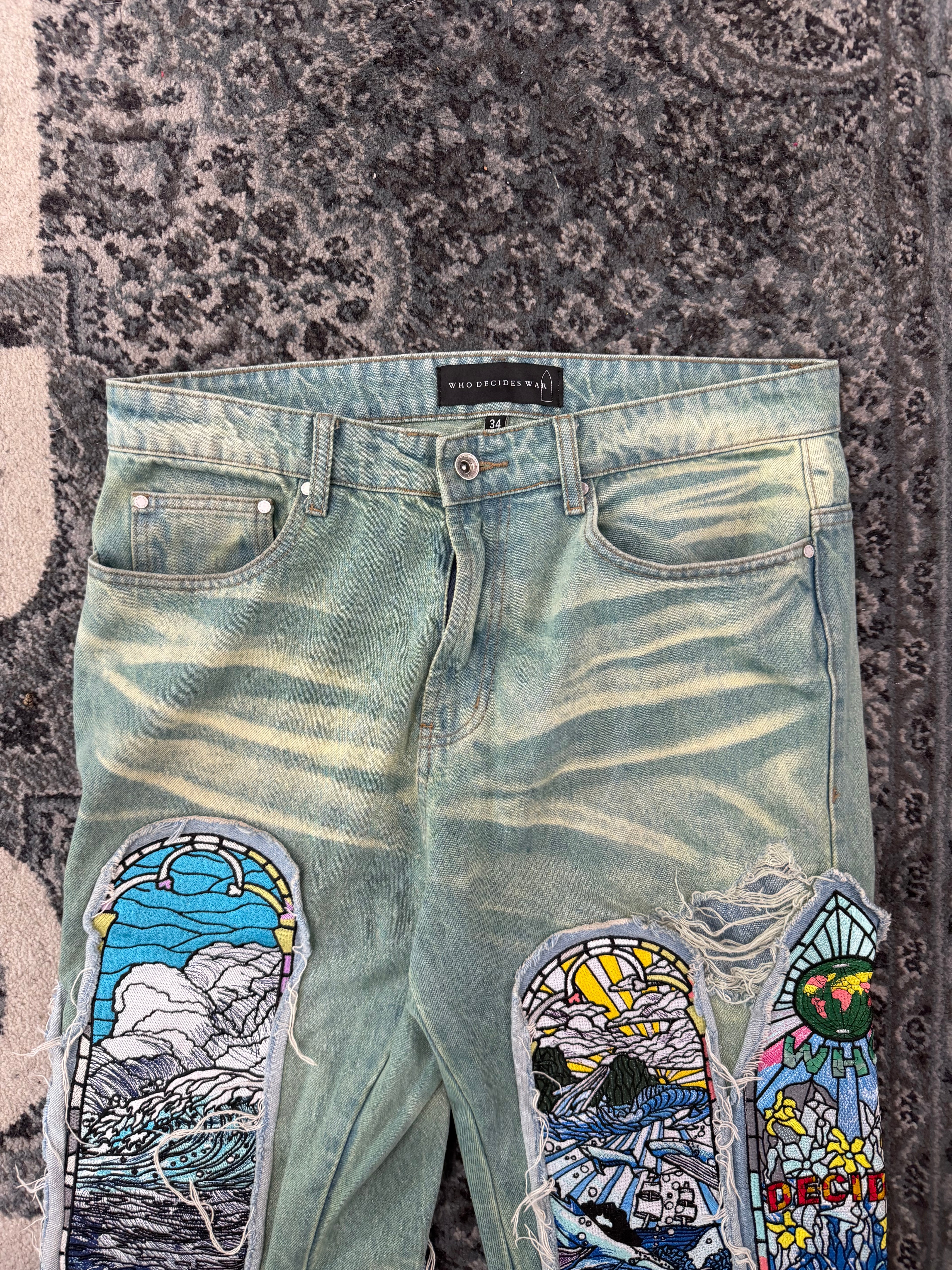 WHO DECIDES WAR stained glass paneled jeans blue 34 U