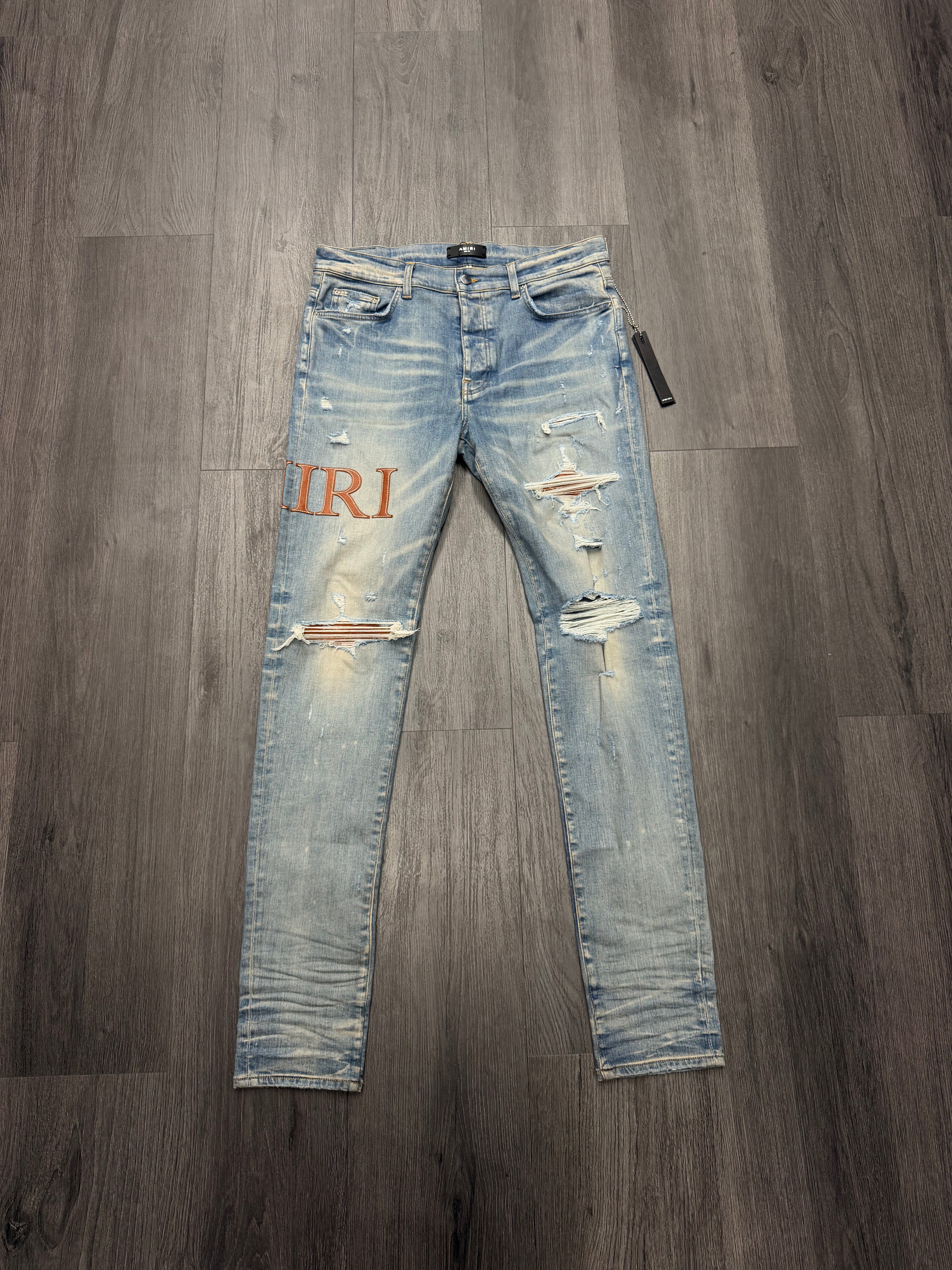 Amiri Leather Stitch Light Wash Jeans Size 36 NWT
