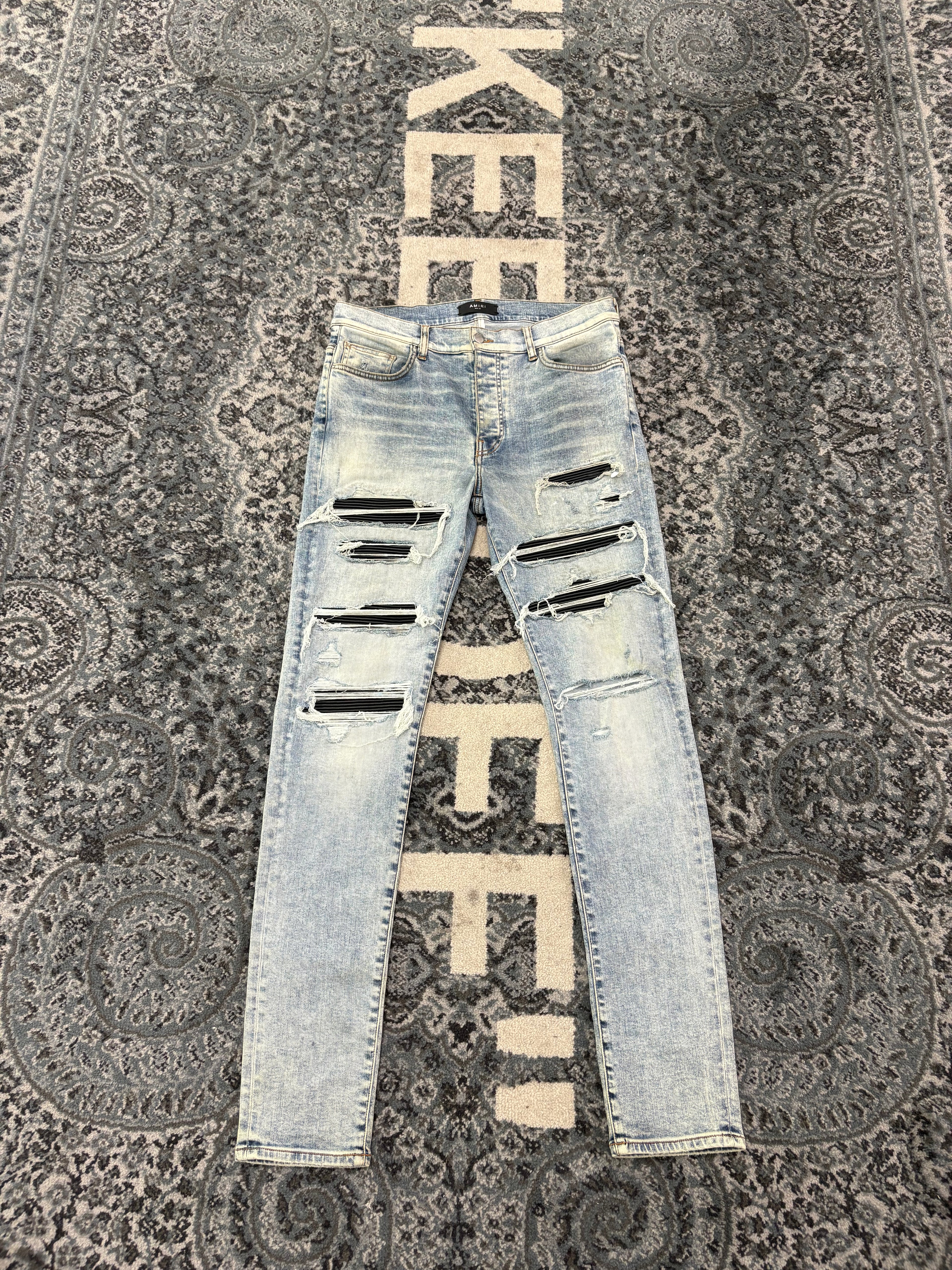 AMIRI black leather thrasher patch jeans dirty indigo 36 U